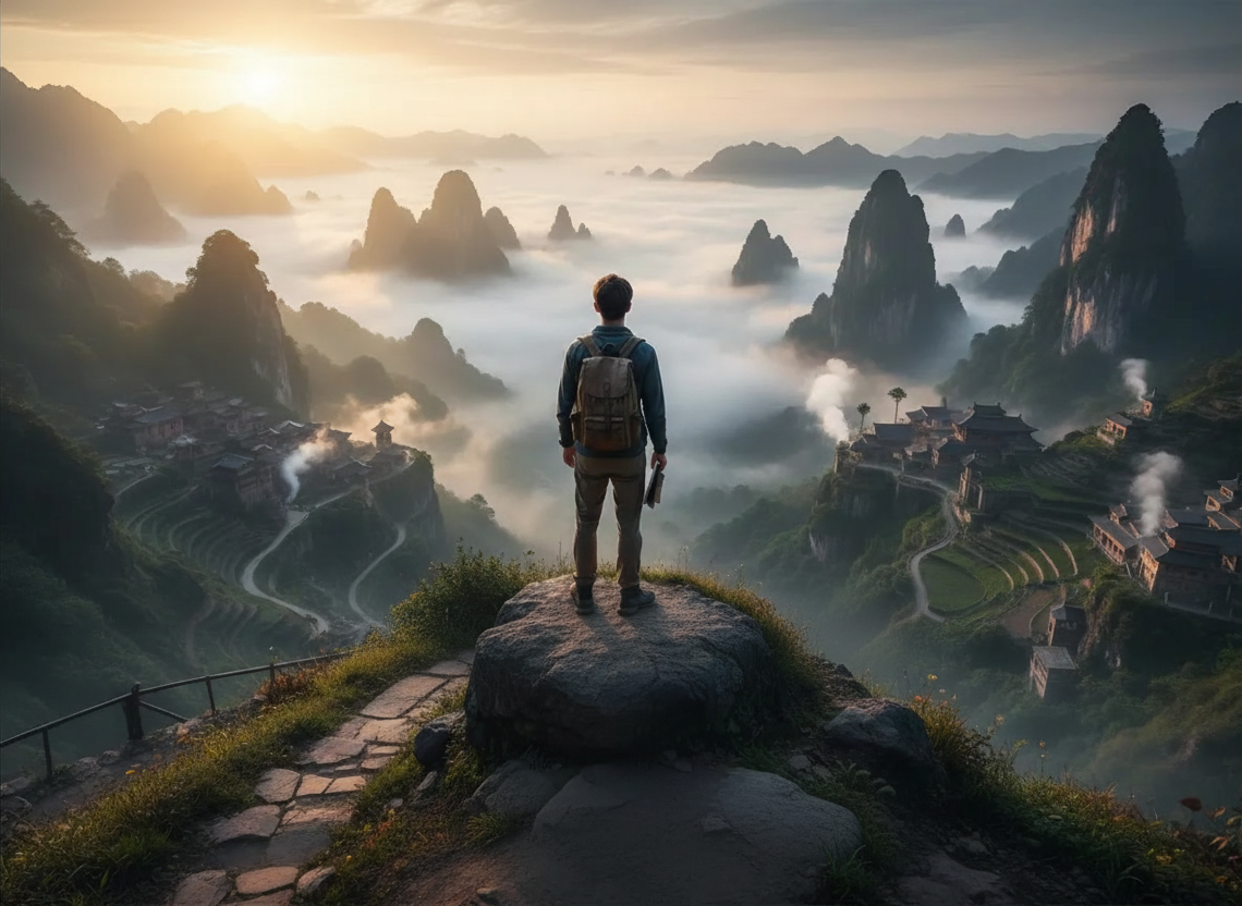 Traveler overlooking misty mountains at sunrise